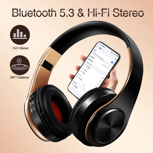 Auriculares sem fios Bluetooth dourados, com microfone incorporado e compatibilidade universal com Android e iOS.