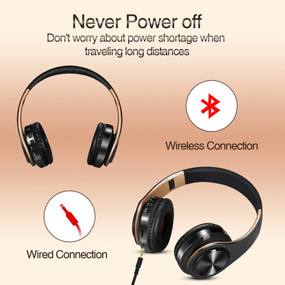 Auriculares sem fios Bluetooth dourados, com microfone incorporado e compatibilidade universal com Android e iOS.