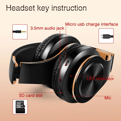 Auriculares sem fios Bluetooth dourados, com microfone incorporado e compatibilidade universal com Android e iOS.