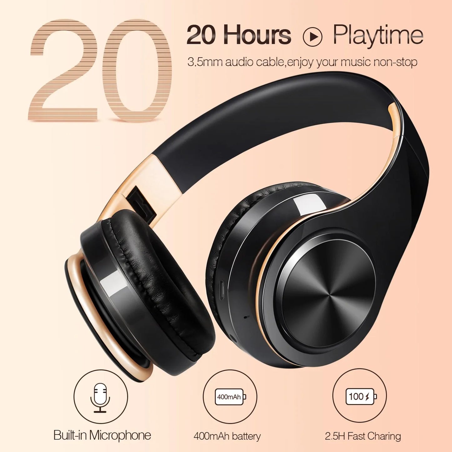 Auriculares sem fios Bluetooth dourados, com microfone incorporado e compatibilidade universal com Android e iOS.