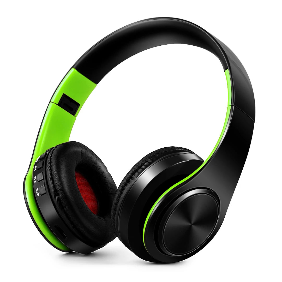 Auriculares sem fios Bluetooth dourados, com microfone incorporado e compatibilidade universal com Android e iOS.