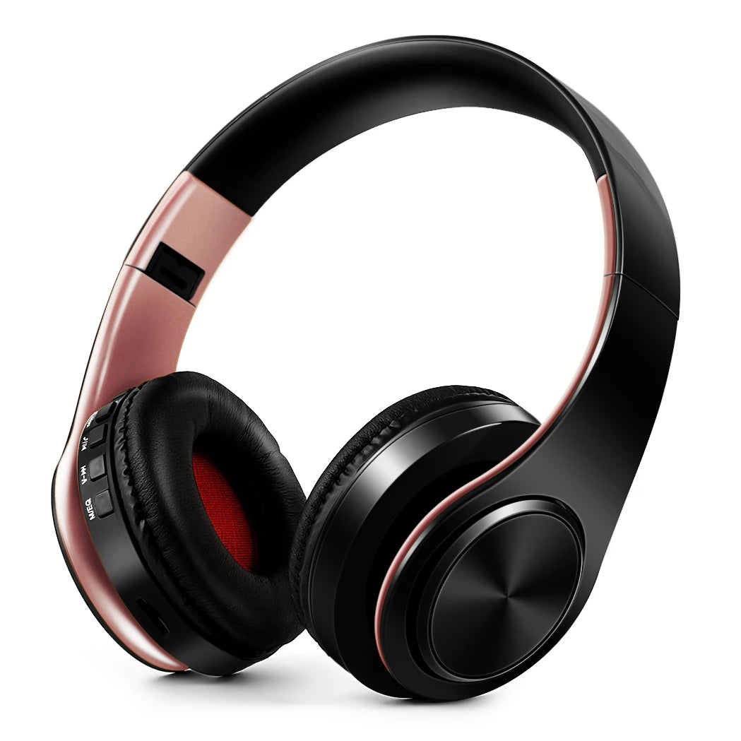 Auriculares sem fios Bluetooth dourados, com microfone incorporado e compatibilidade universal com Android e iOS.