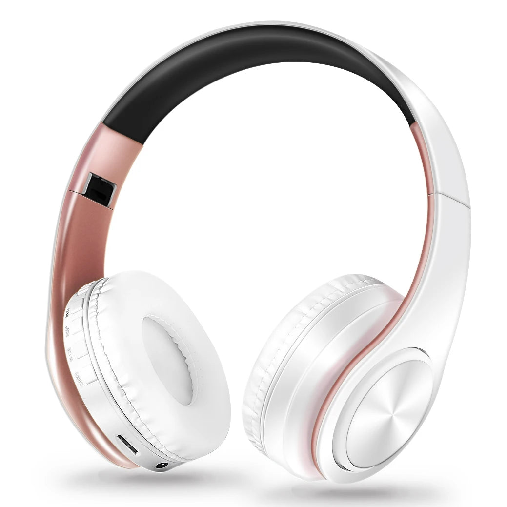 Auriculares sem fios Bluetooth dourados, com microfone incorporado e compatibilidade universal com Android e iOS.