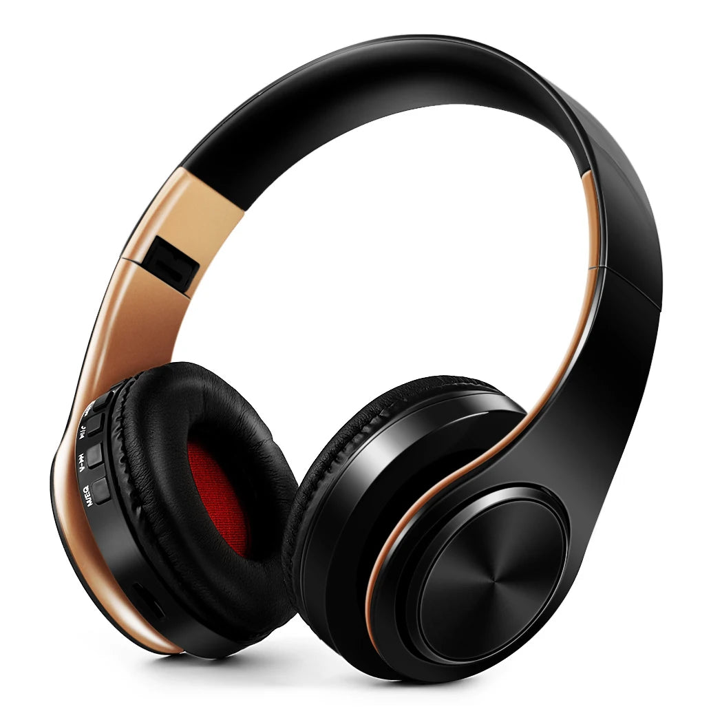 Auriculares sem fios Bluetooth dourados, com microfone incorporado e compatibilidade universal com Android e iOS.