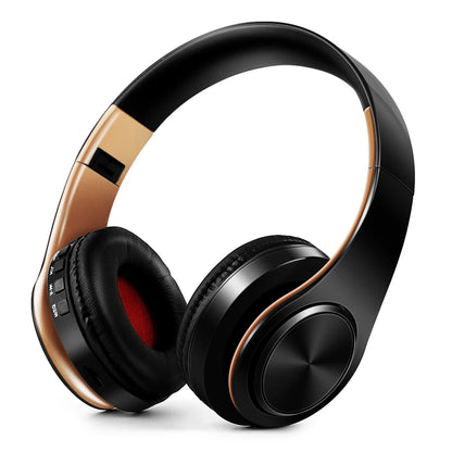 Auriculares sem fios Bluetooth dourados, com microfone incorporado e compatibilidade universal com Android e iOS.
