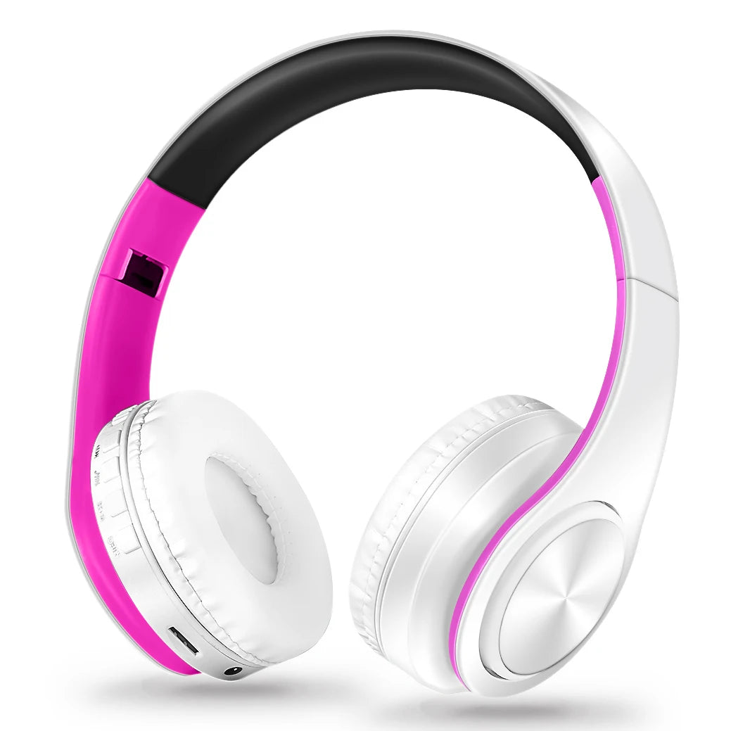 Auriculares sem fios Bluetooth dourados, com microfone incorporado e compatibilidade universal com Android e iOS.