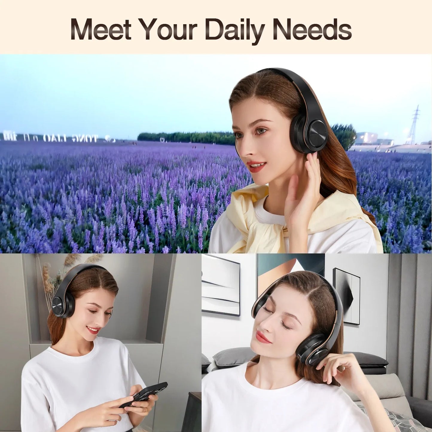 Auriculares sem fios Bluetooth dourados, com microfone incorporado e compatibilidade universal com Android e iOS.