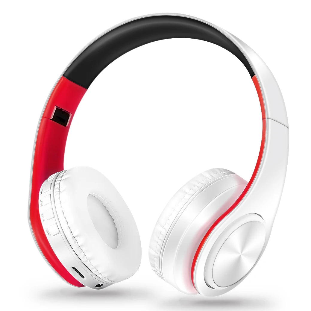 Auriculares sem fios Bluetooth dourados, com microfone incorporado e compatibilidade universal com Android e iOS.